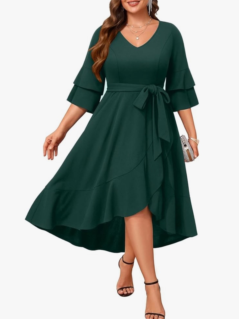 Talisea Formal Double Bell Sleeve V Neck High Low Split Ruffle Cocktail Dresses